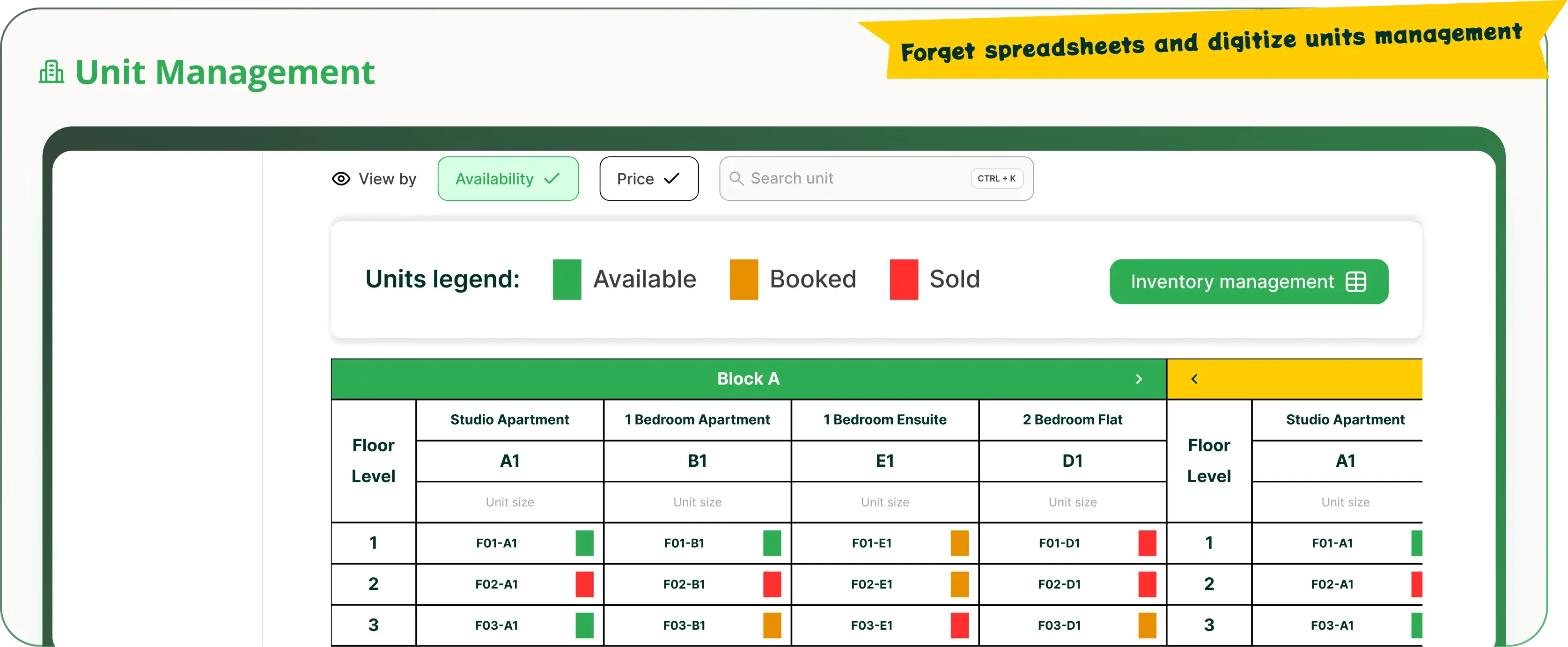 Unit Management Dashboard showing apartment availability grid