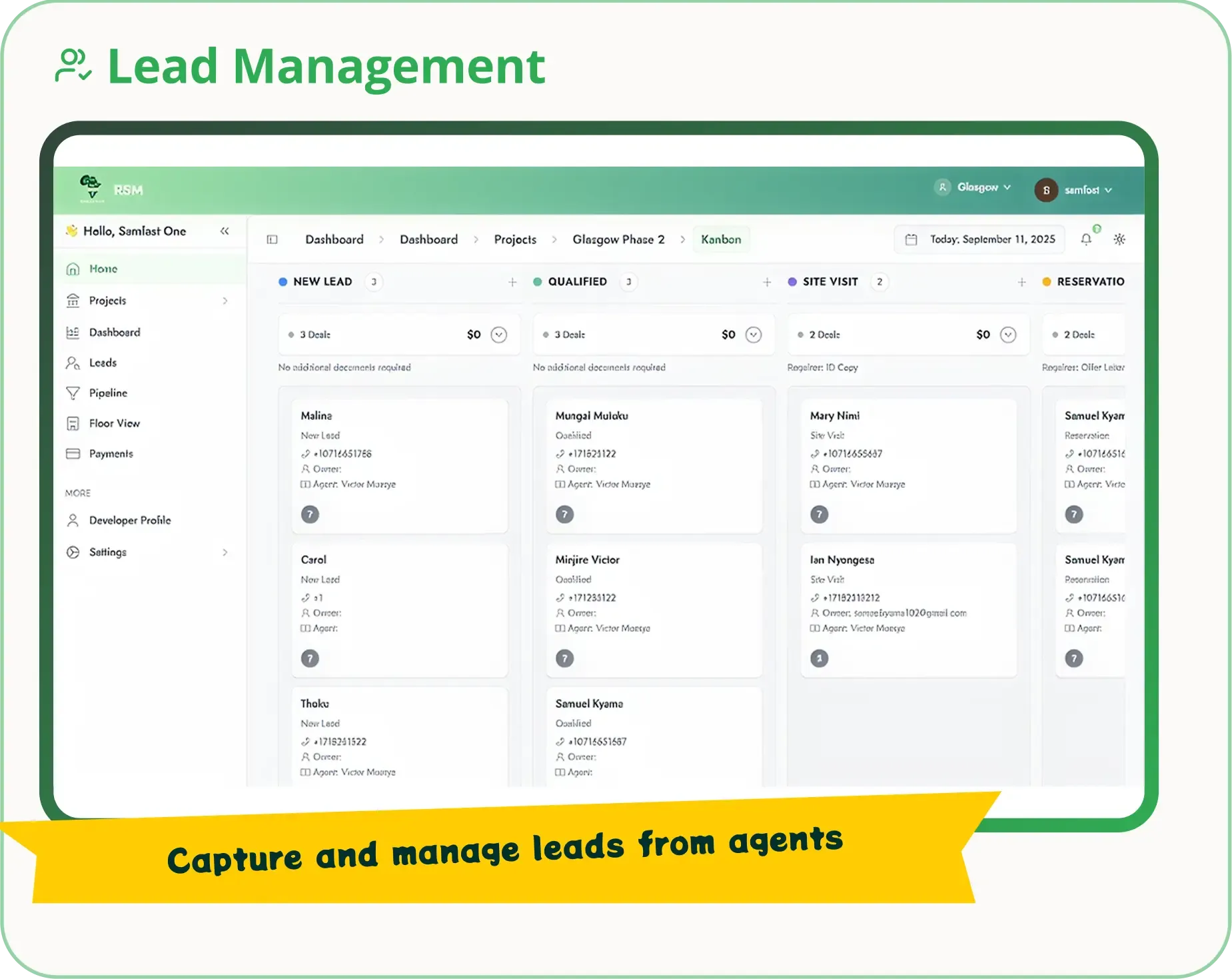 Lead Management interface with agent assignment