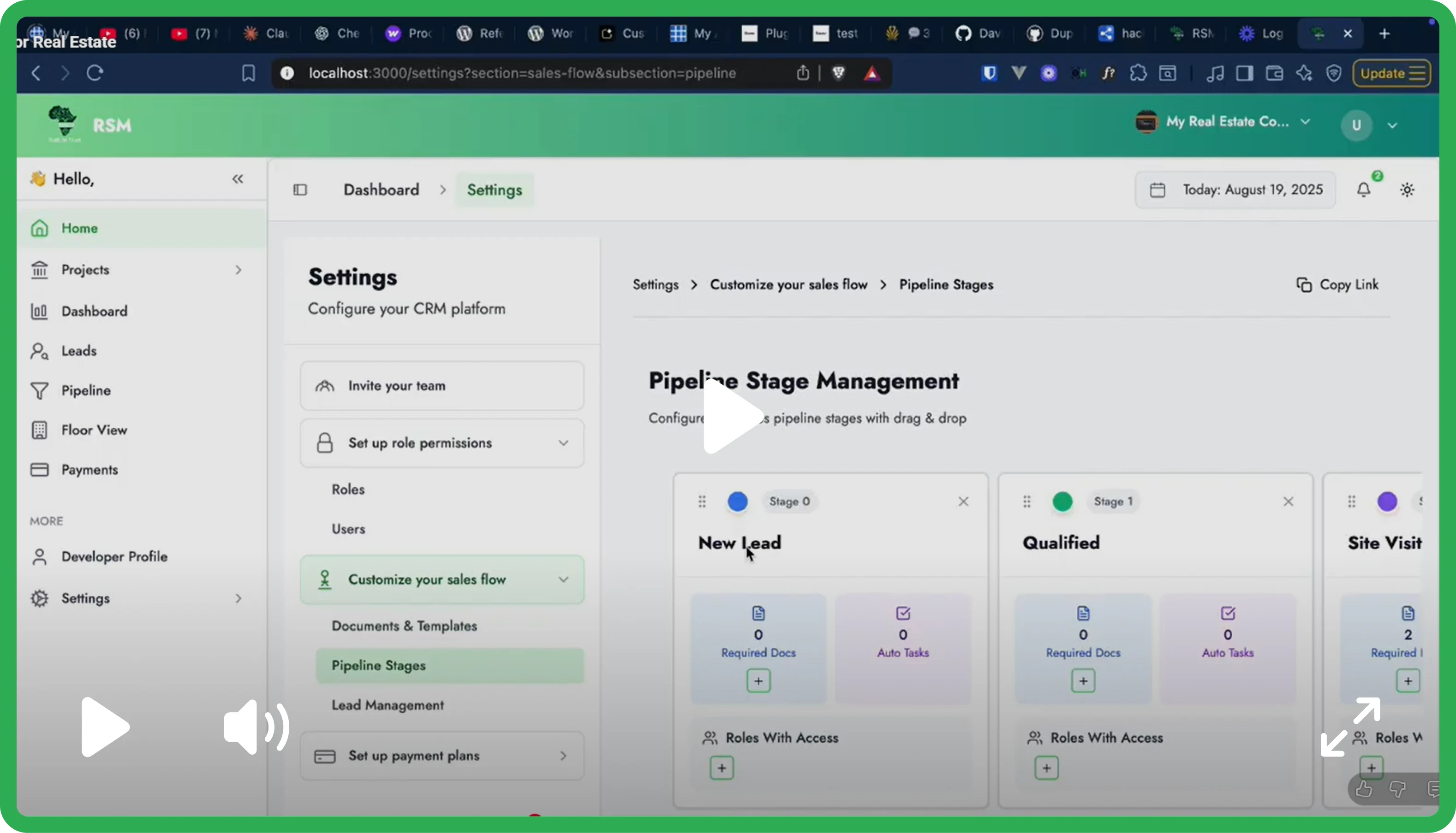 Real Estate CRM Dashboard showing pipeline stage management interface